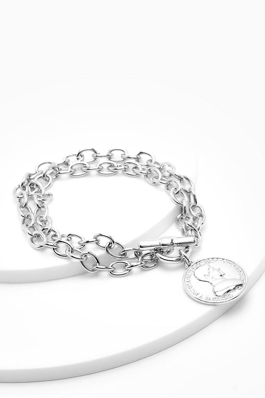 Silver silber Coin Charm Chunky Bracelet 