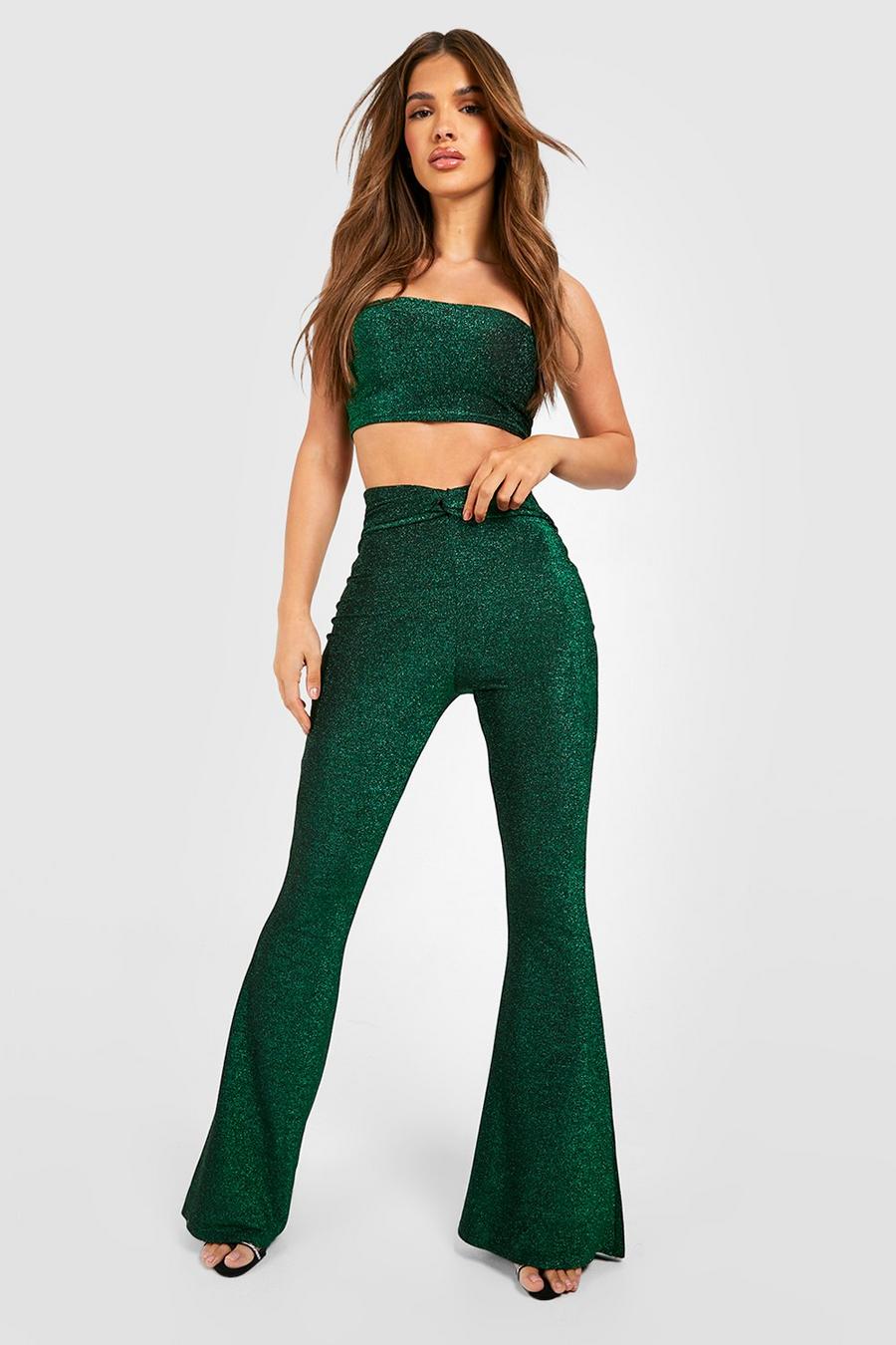 Green Glitter Knotted Flared Trousers image number 1