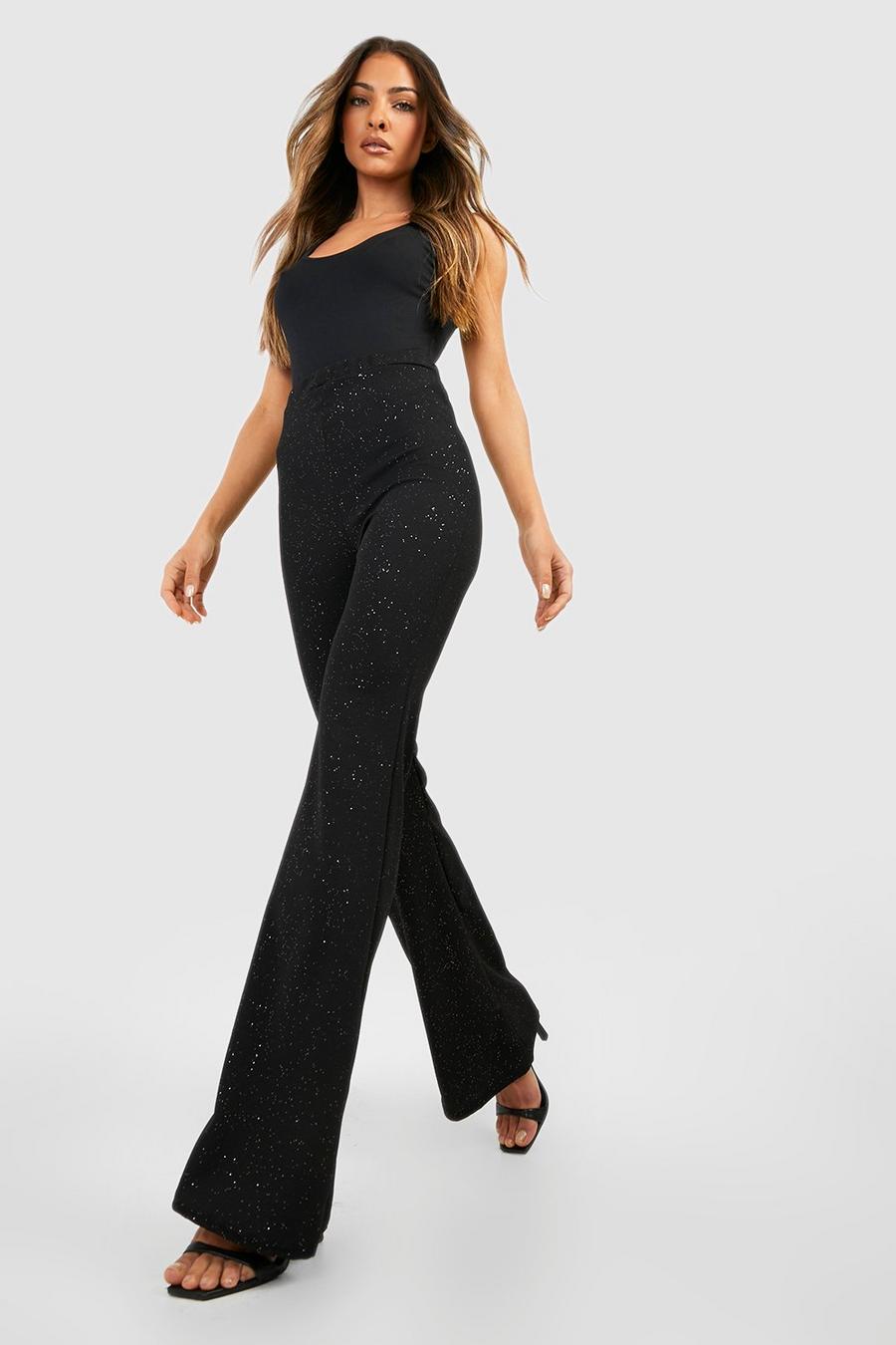 Black Glitter Crepe High Waisted Flared Trousers image number 1