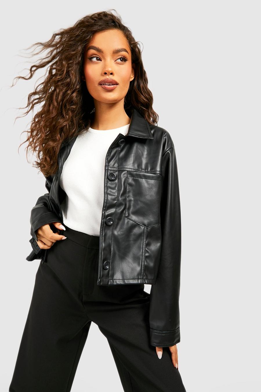 Black Faux Leather Cropped Trucker Jacket image number 1