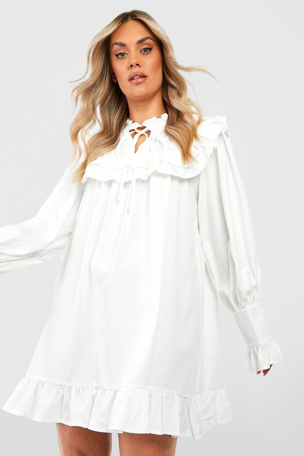 White long shop sleeve smock dress