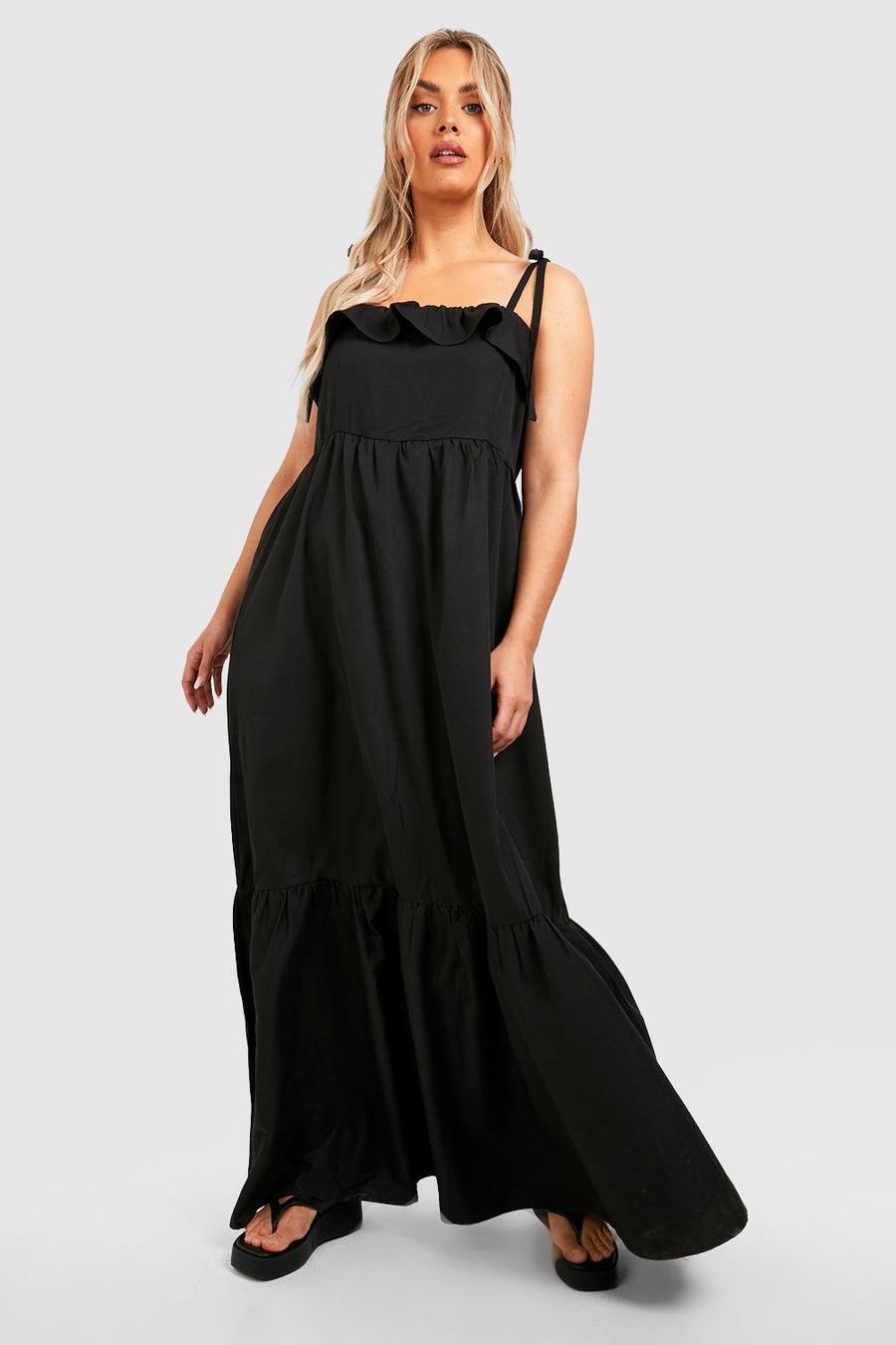 Black Plus Woven Frill Strappy Tiered Maxi Dress image number 1