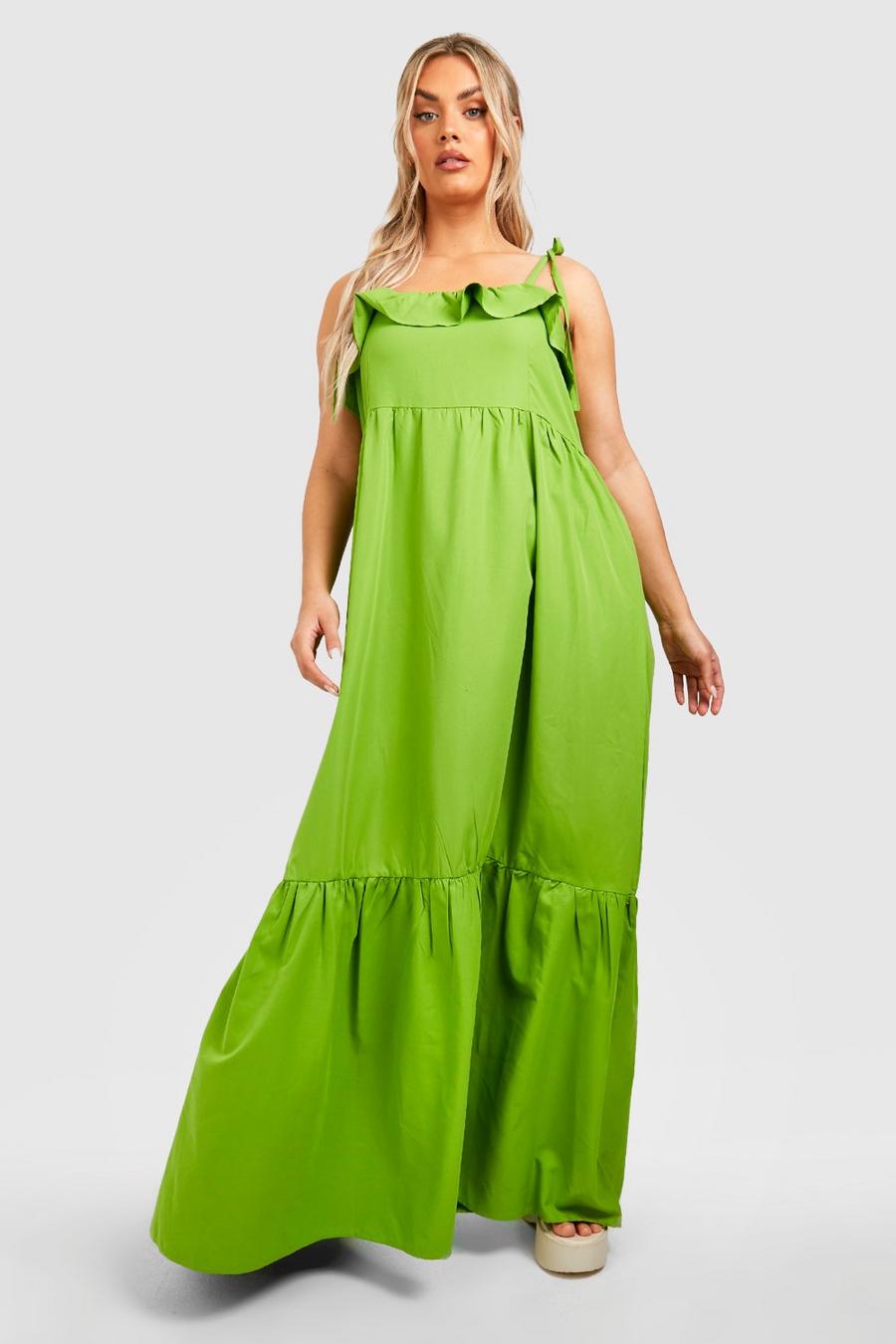 Lime green Plus Woven Frill Strappy Tiered Maxi Dress