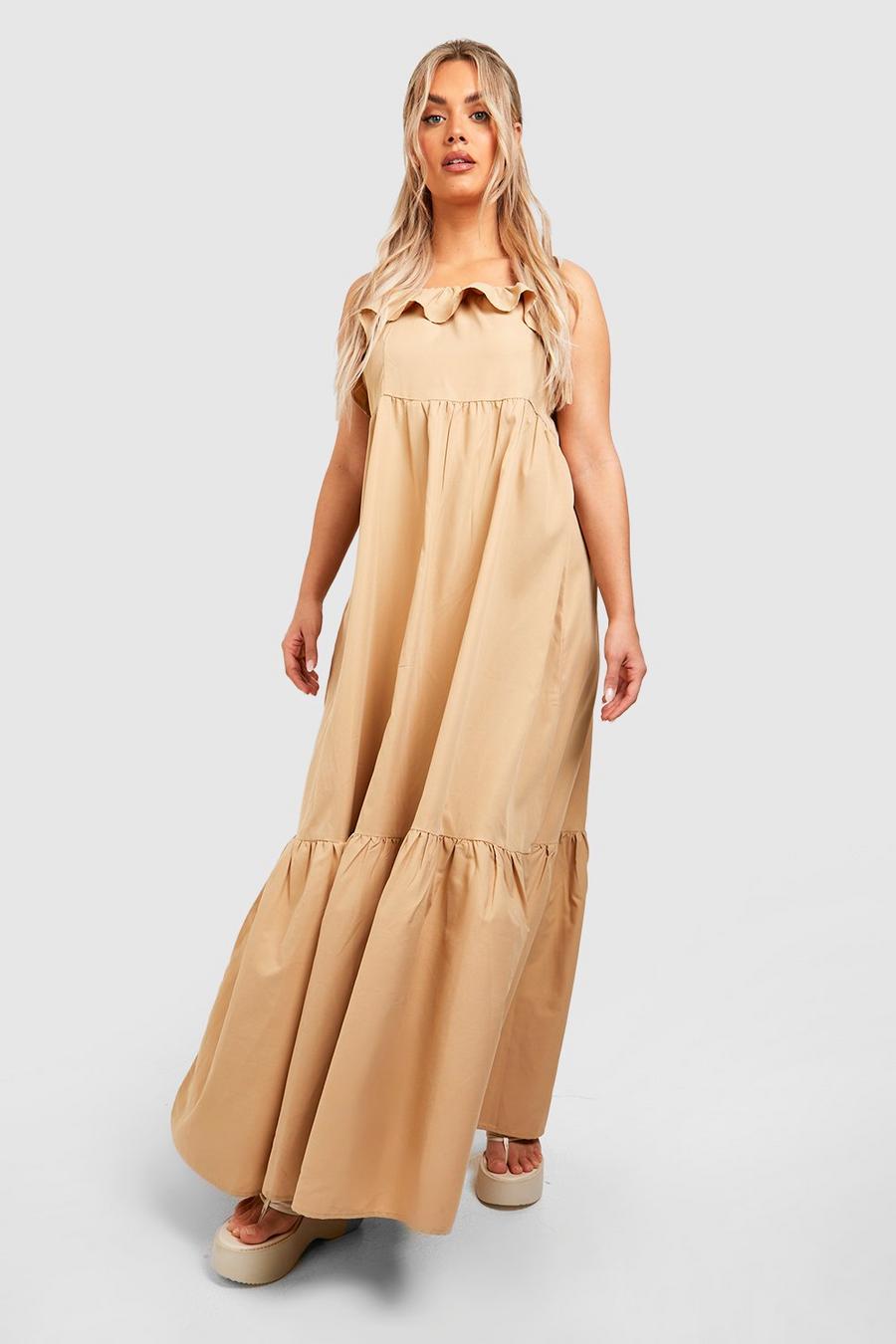 Stone beige Plus Woven Frill Strappy Tiered Maxi Dress