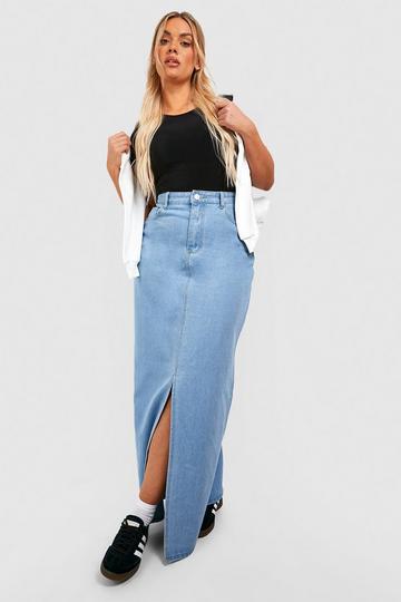 Light Brown Plus Denim Split Front Maxi Skirt