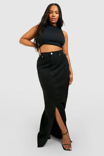 Black Plus Denim Split Front Maxi Skirt