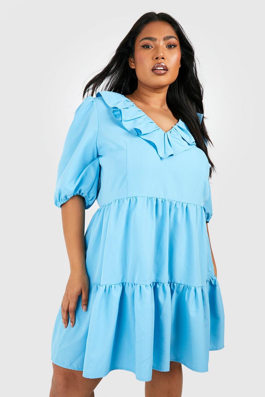Blue Plus Frill Detail Tiered Smock Dress image number 1