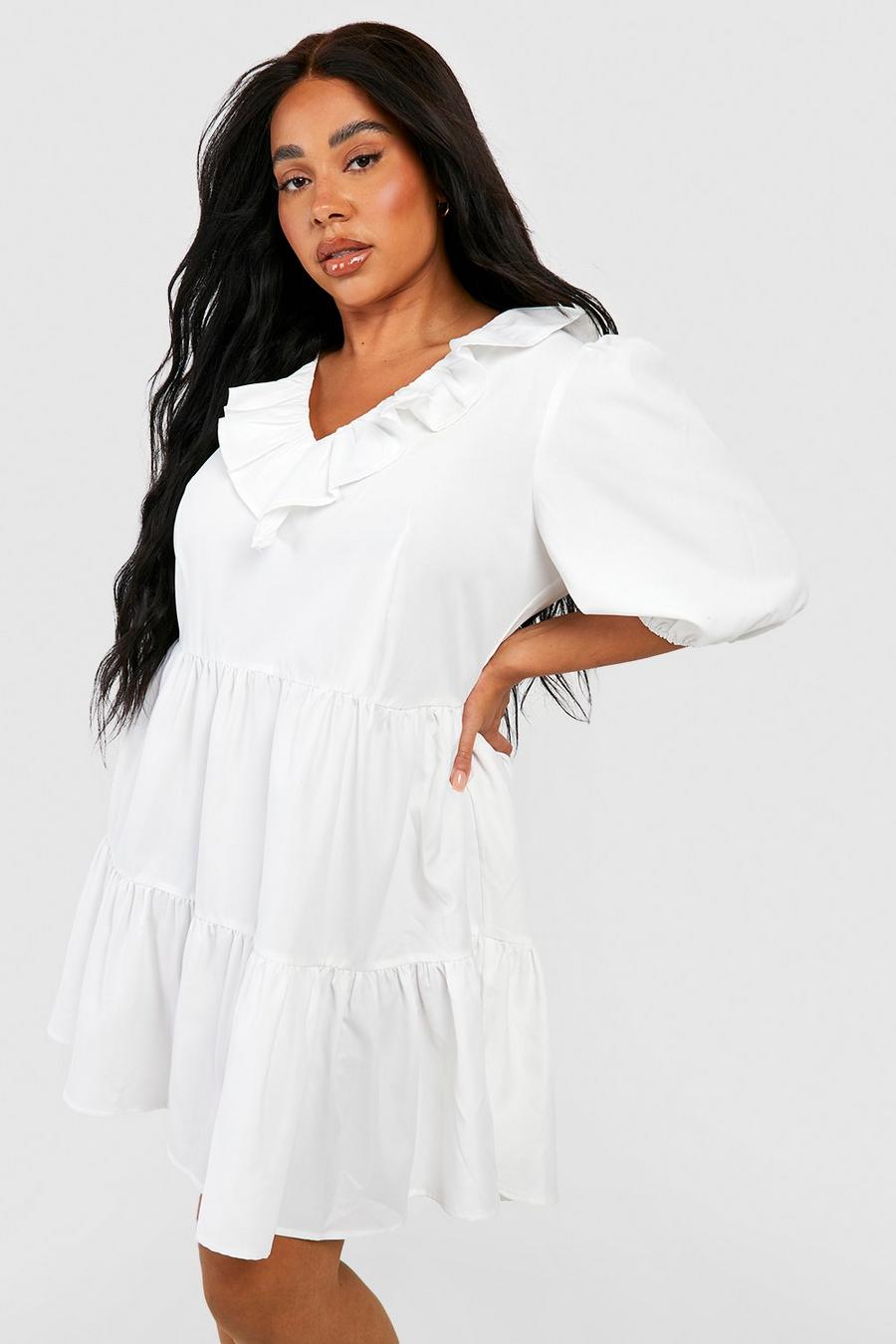 White Plus Frill Detail Tiered Smock Dress image number 1