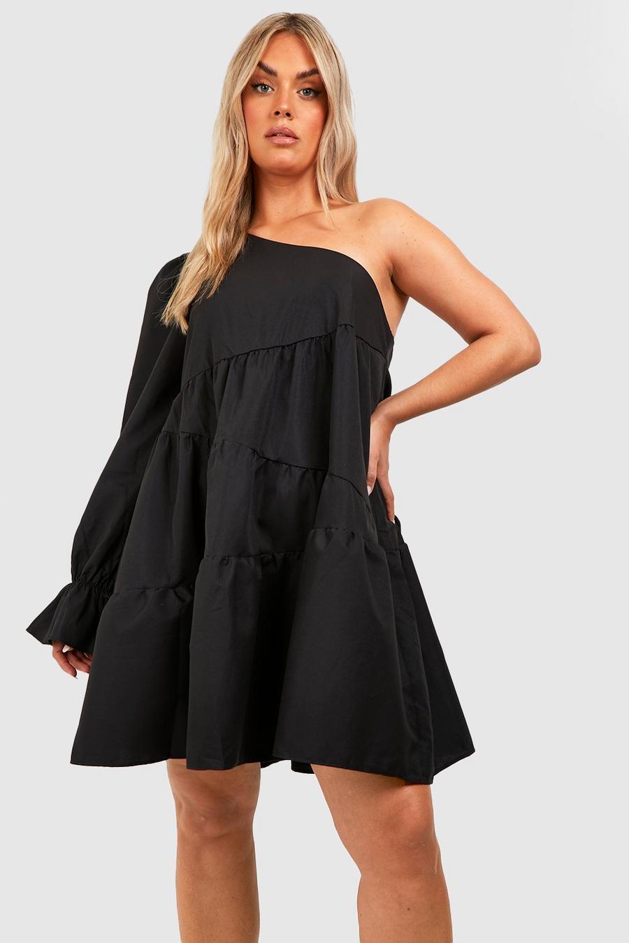 Black Plus Woven One Shoulder Tiered Smock Dress