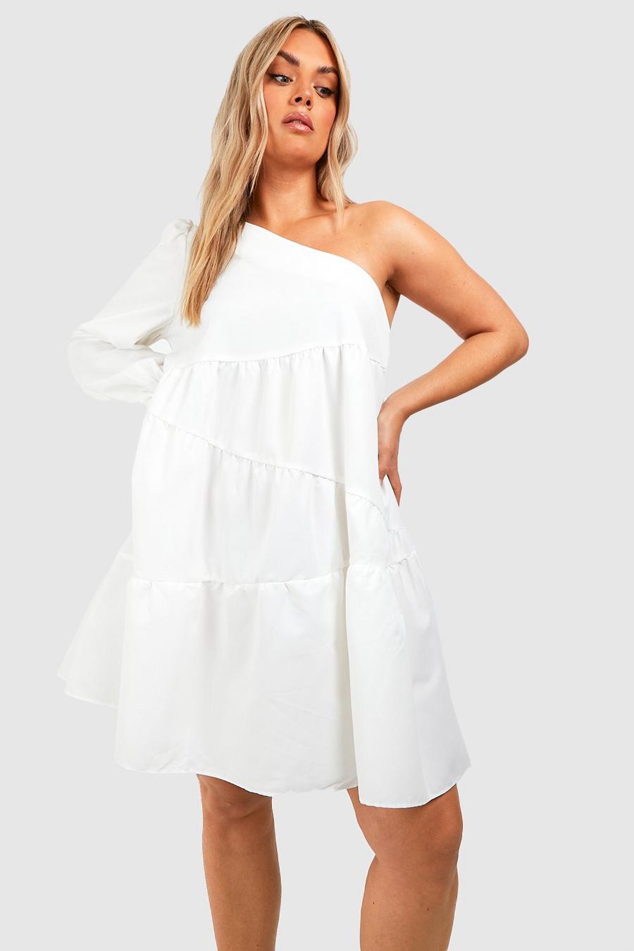 White Plus Woven One Shoulder Tiered Smock Dress image number 1