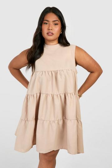 Stone Beige Plus Woven Tiered Smock Dress