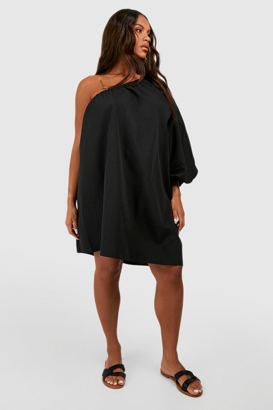 Black Plus Woven One Shoulder Swing Dress