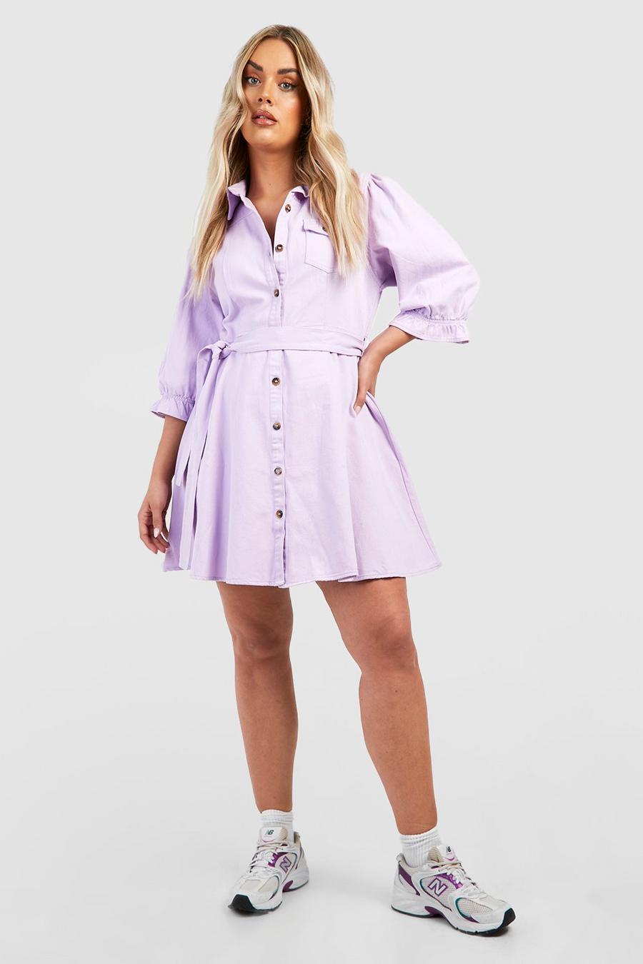 Lilac purple Plus Denim Pocket Tie Belt Skater Dress