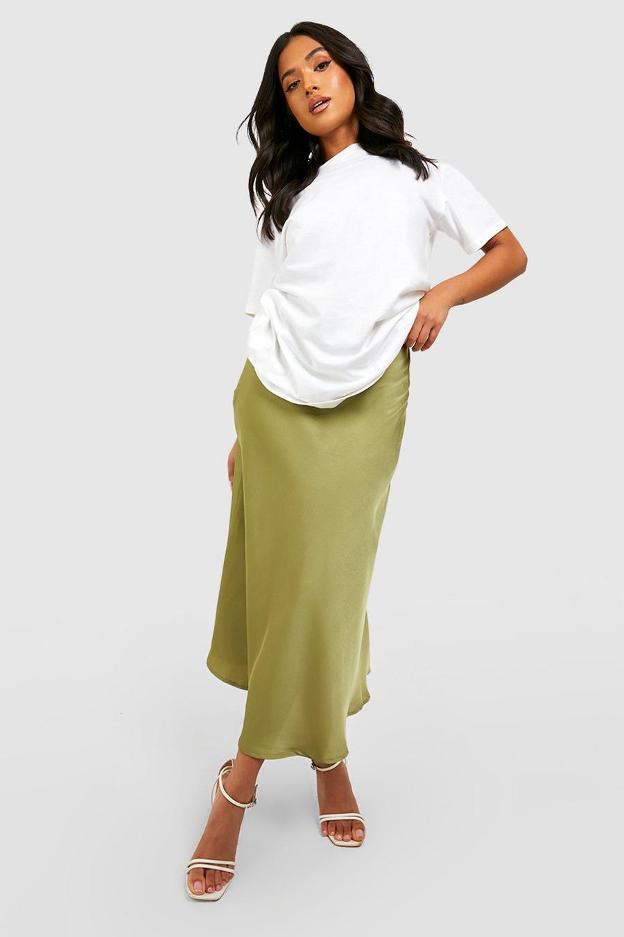 Olive green Petite Satin Midaxi Skirt