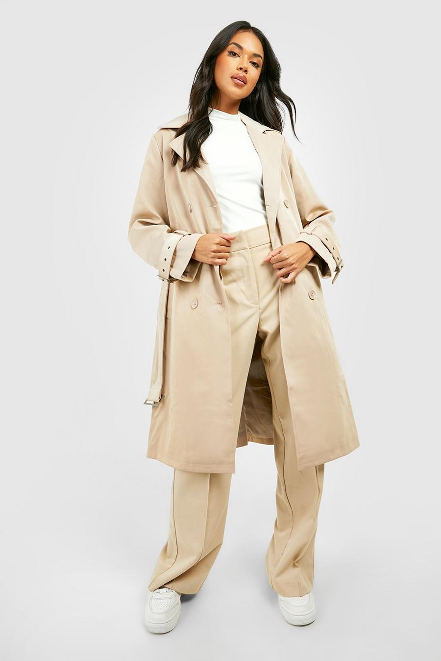 Beige Premium Shimmer Faux Leather Trench Coat image number 1