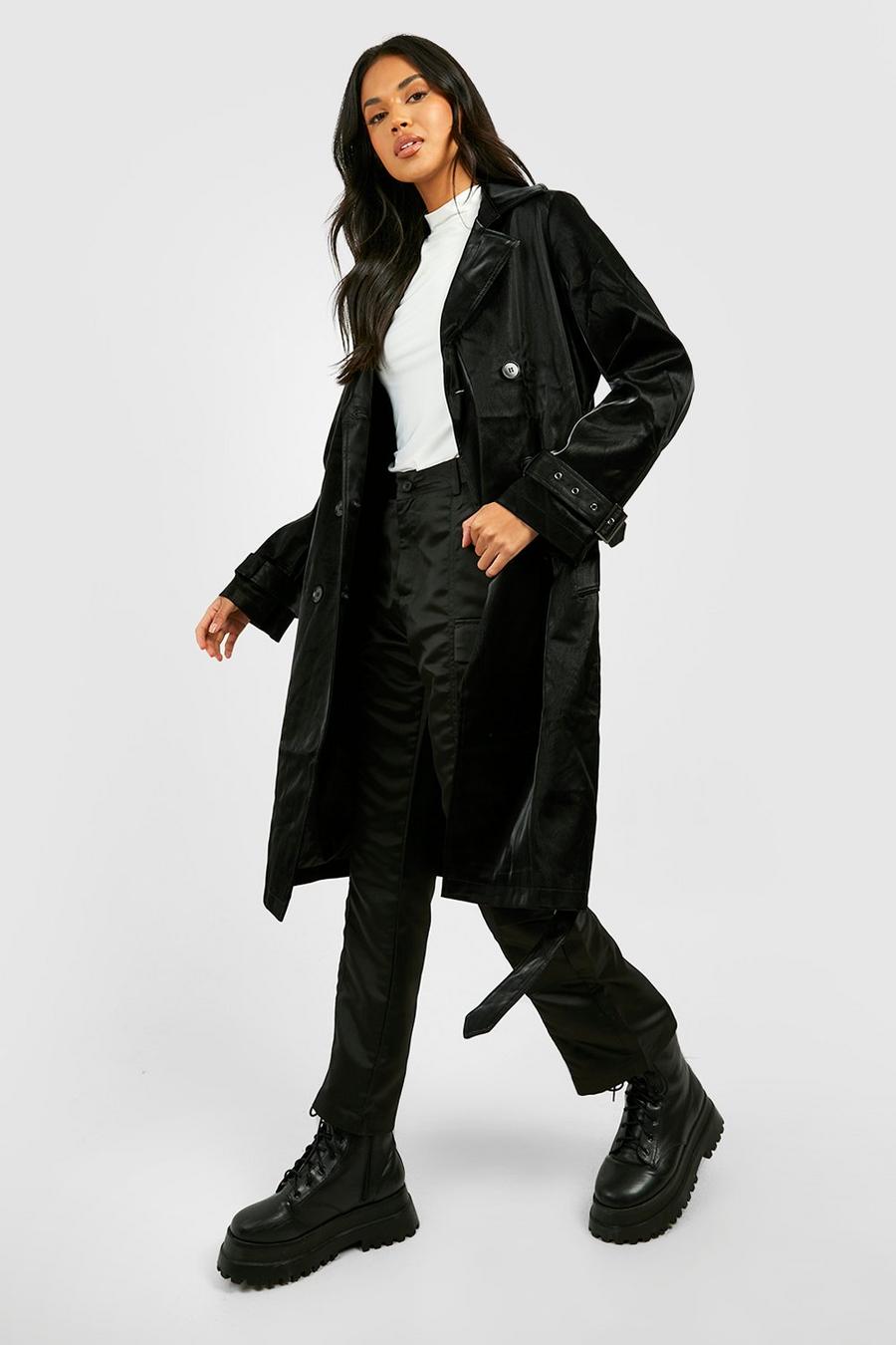 Black svart Premium Shimmer Faux Leather Trench Coat