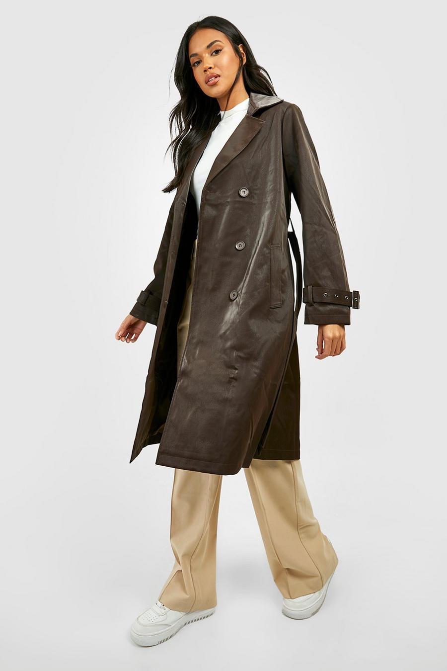 Chocolate Premium Shimmer Faux Leather Trench Coat image number 1
