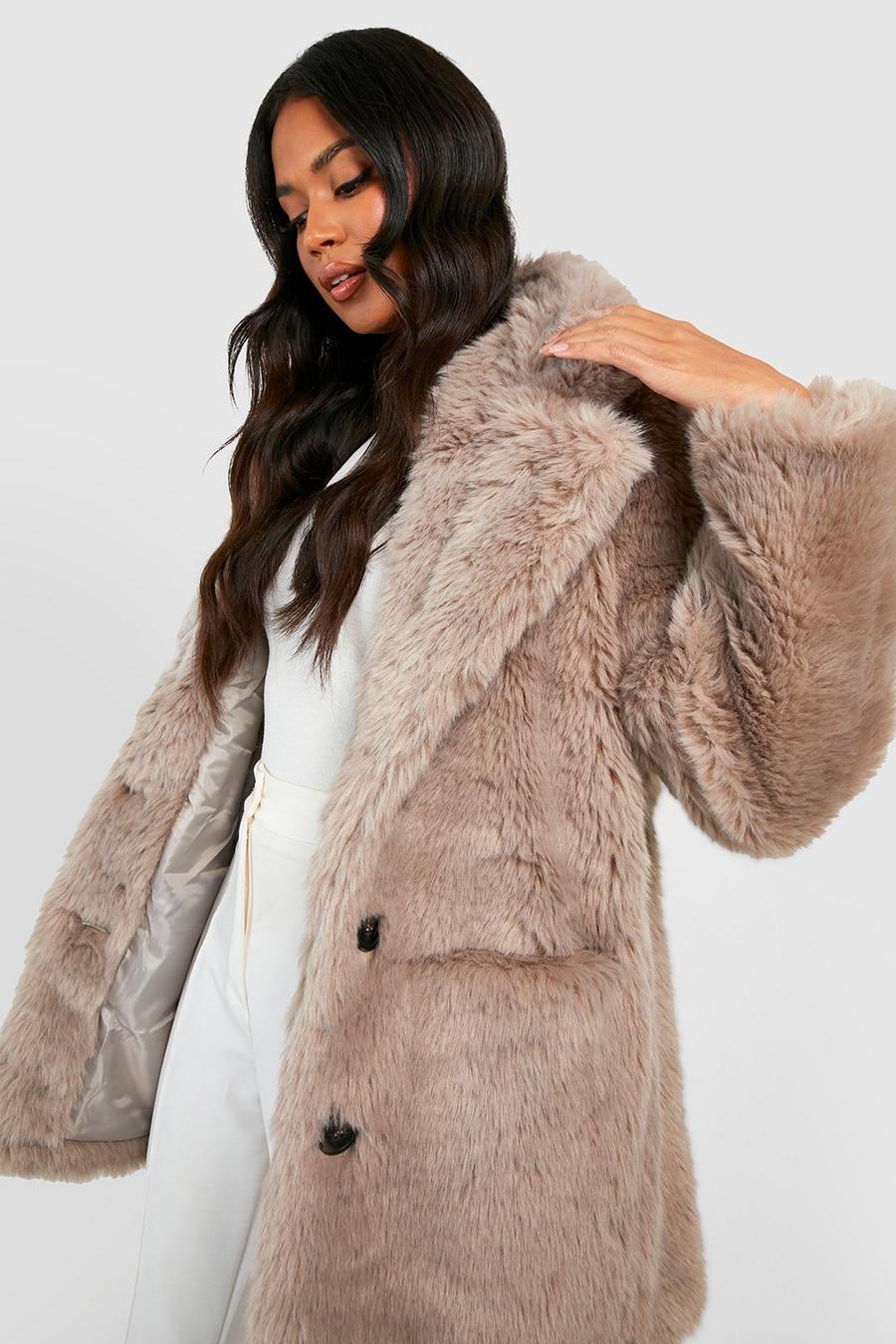 Taupe beige Luxe Faux Fur Coat