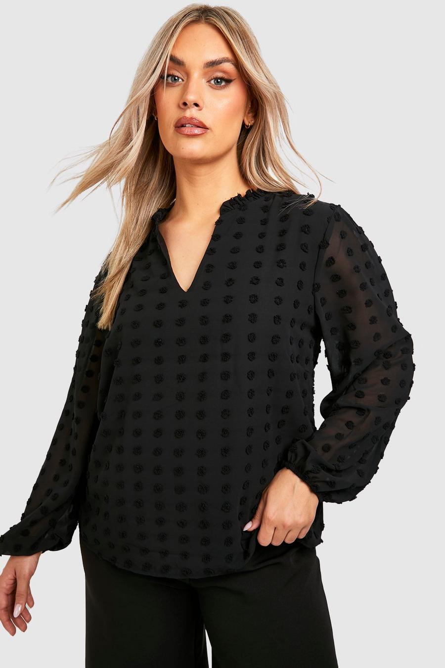 Black Plus Textured Dobby Pussybow Blouse