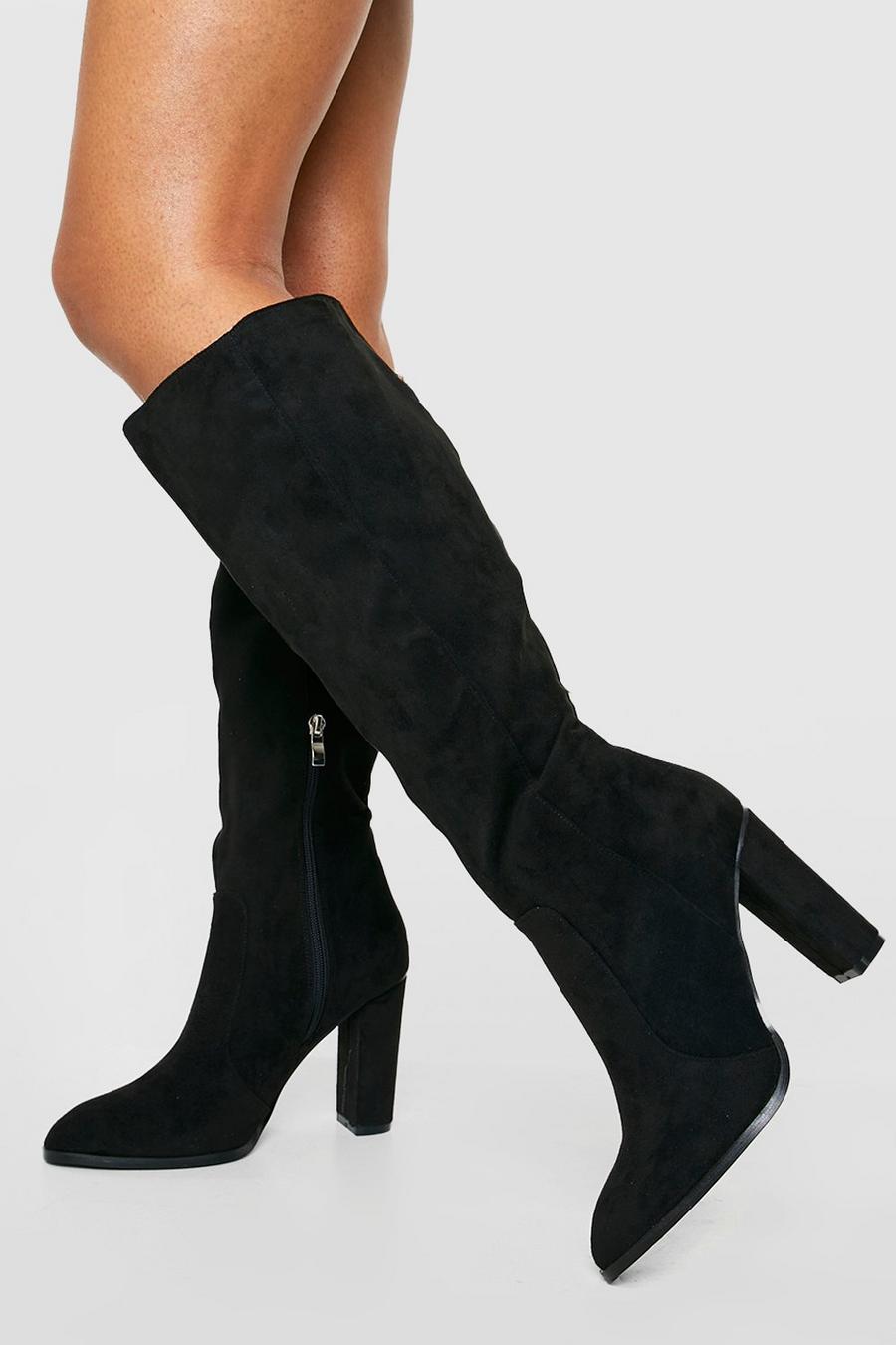 Black Round Toe Knee High Boots image number 1
