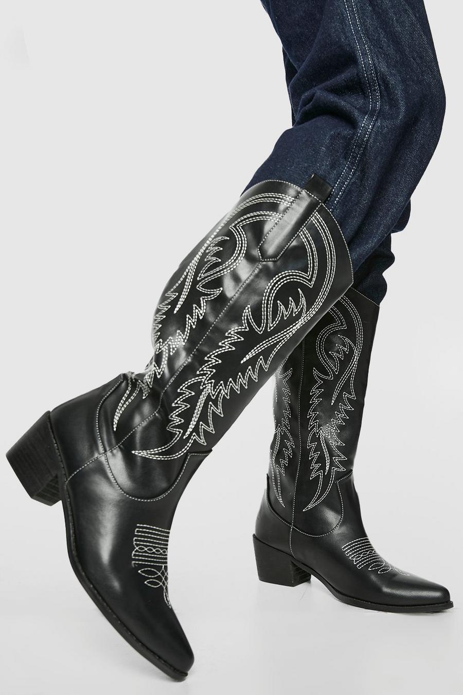 Calf Detail Embroidered Western Cowboy Boots, Black negro
