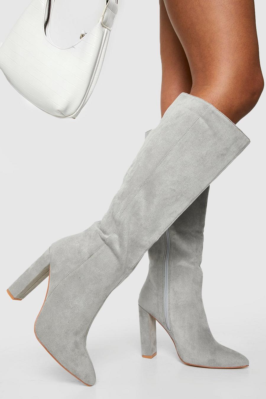 Light grey grå Wide Fit Pointed Knee High Heeled Boots image number 1