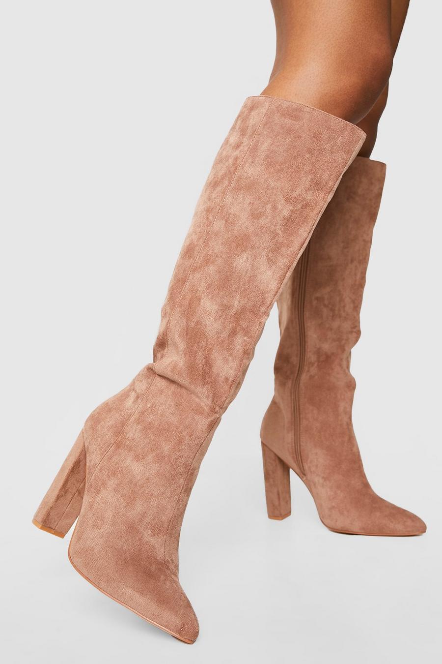 Mocha beige Wide Fit Pointed Knee High Heeled Boots image number 1