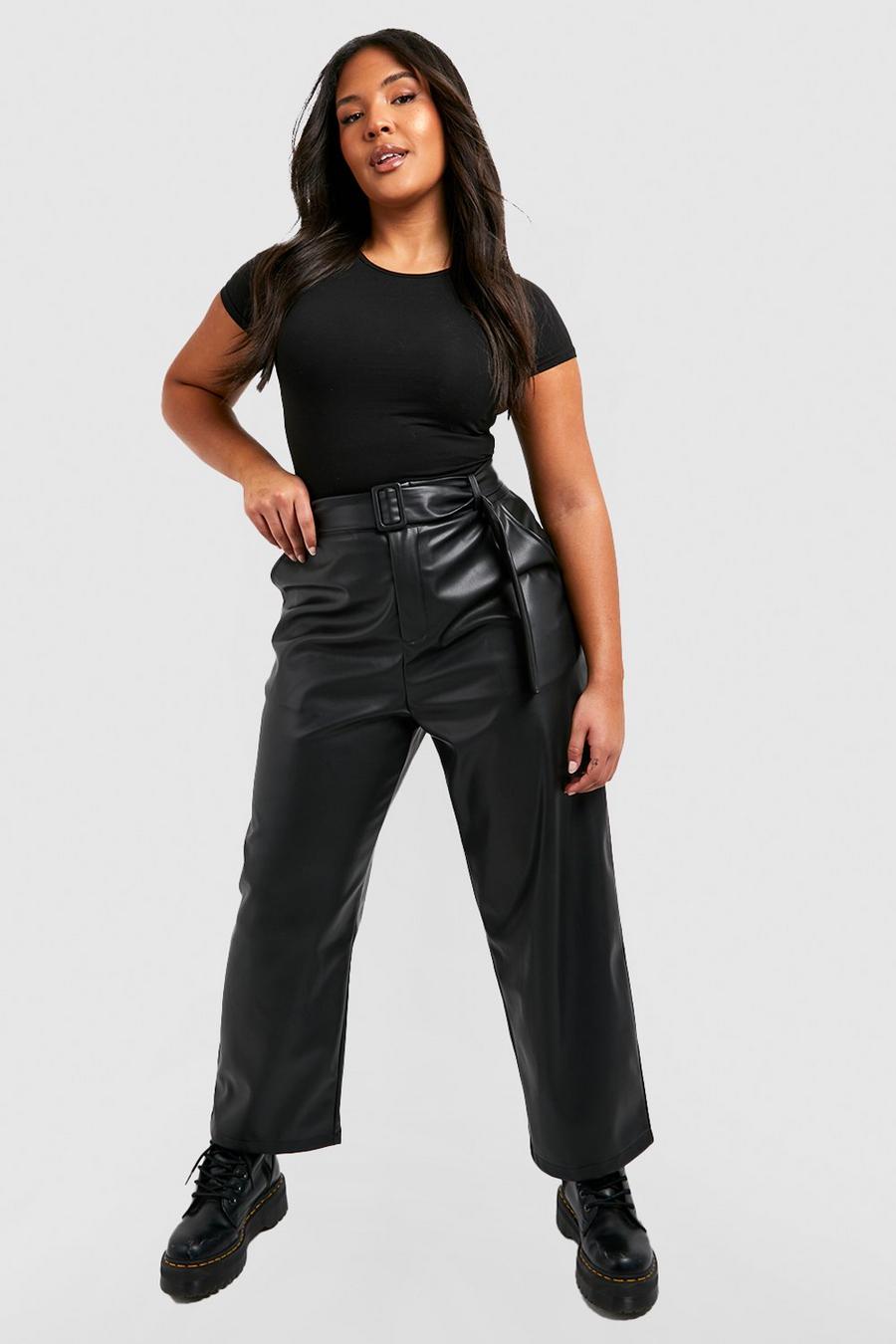 Pantalón Plus de cuero sintético ajustado con cinturón, Black