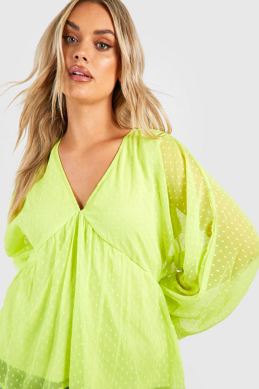 Lime Plus Dobby Mesh Puff Sleeve Smock Top image number 1