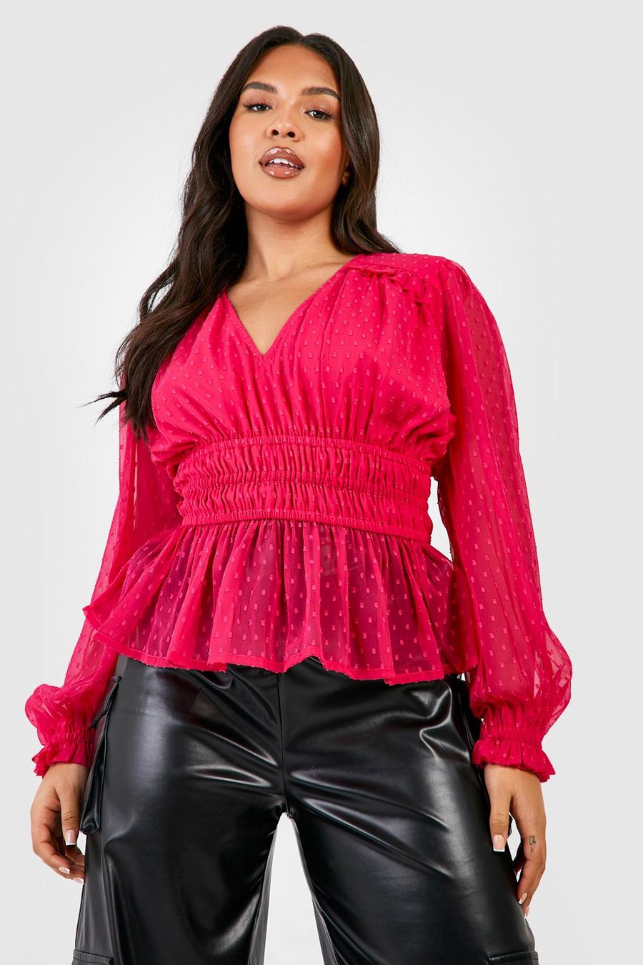 Hot pink Plus Dobby Mesh Puff Sleeve Blouse image number 1
