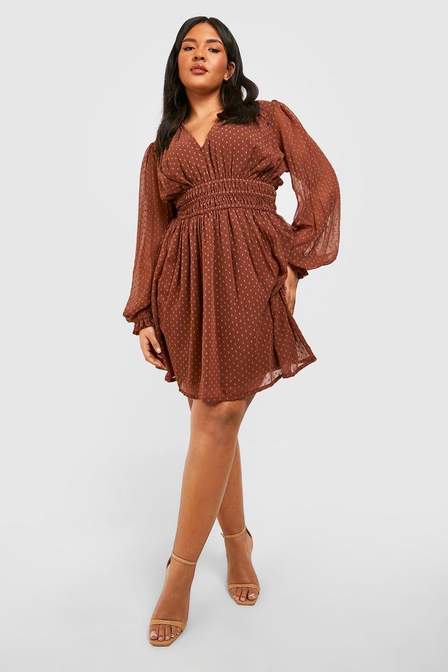 Grande taille - Robe plumetis à manches longues, Chocolate