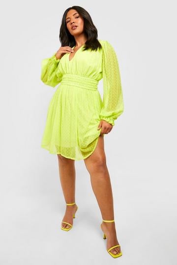 Lime Green Plus Dobby Long Sleeve Skater Dress