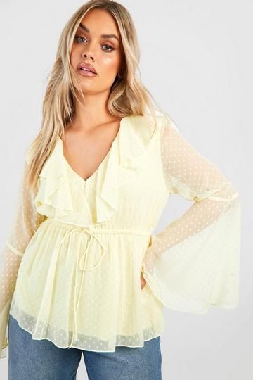 Plus Dobby Ruffle Flared Sleeve Blouse lemon