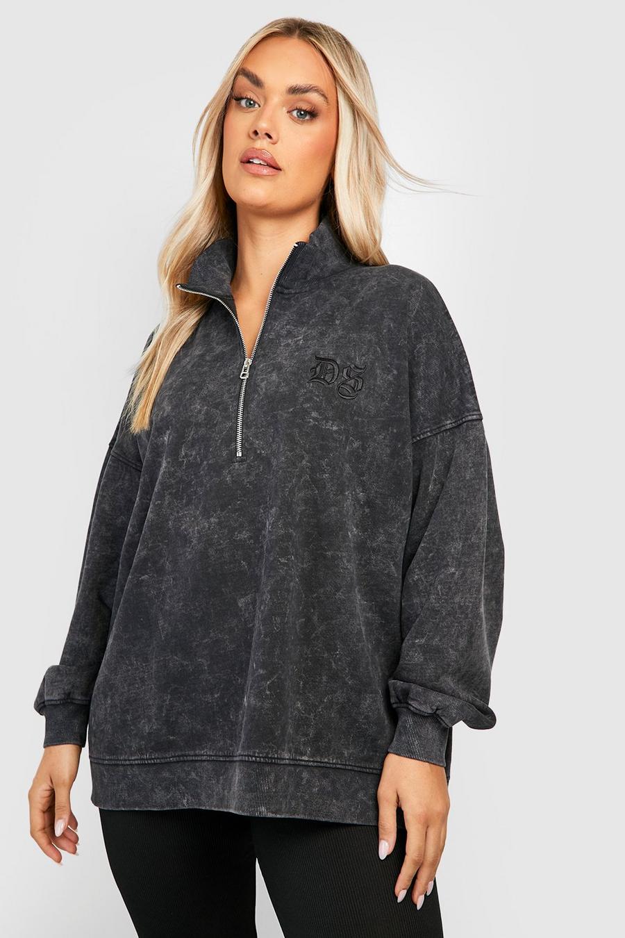 Charcoal grey Plus Acid Wash Embroidered Half Zip Sweater