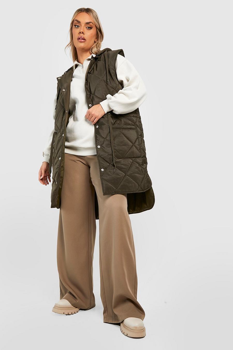 Khaki Plus Longline Quilted Belted Gilet image number 1