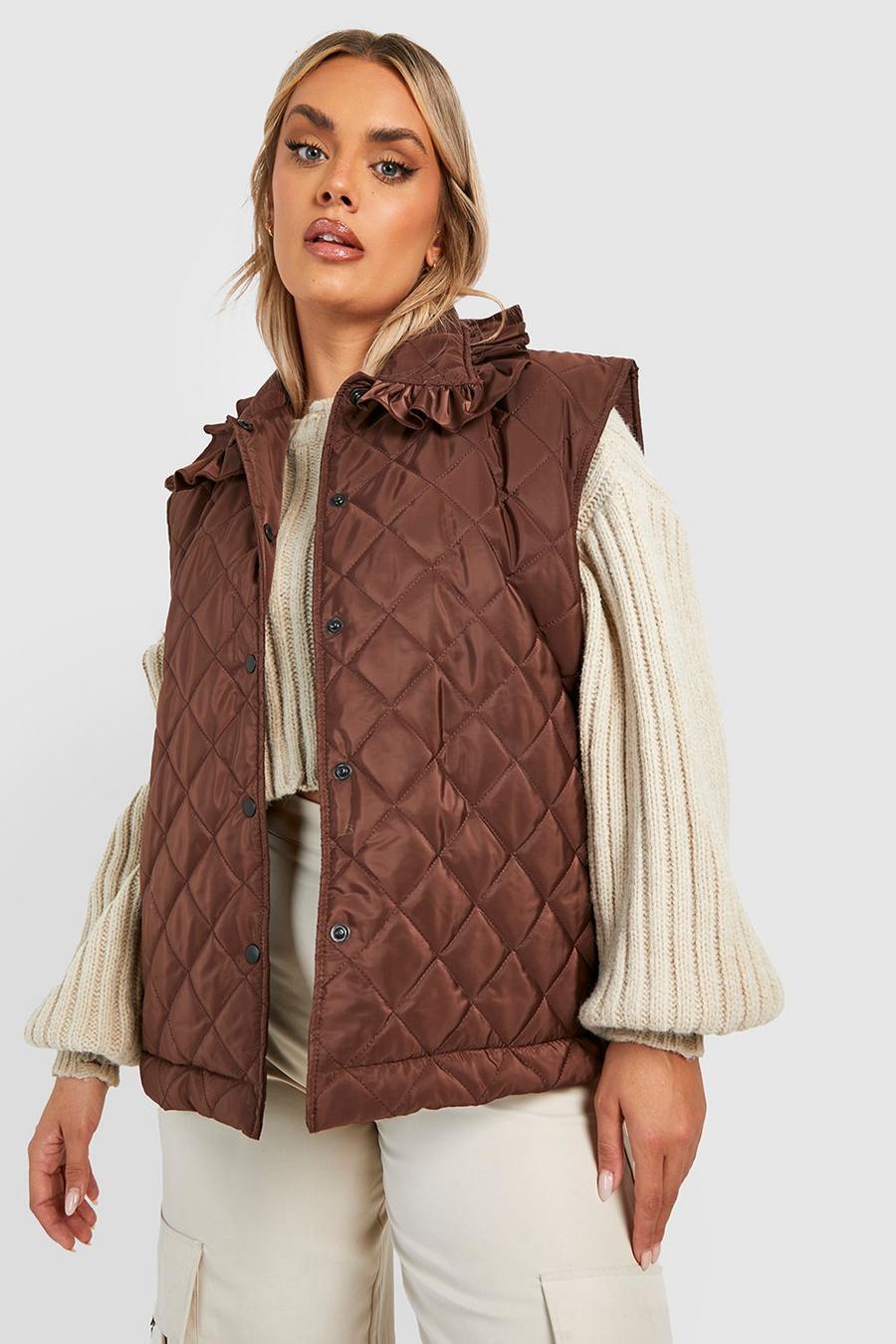 Brown Plus Quilted Frill Collar Gilet image number 1