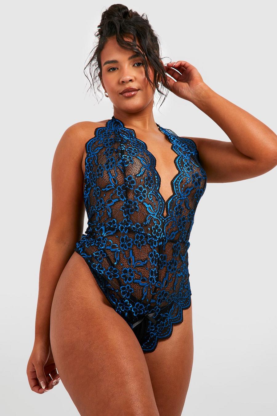 Blue Plus Two Tone Lace Crotchless Bodysuit image number 1