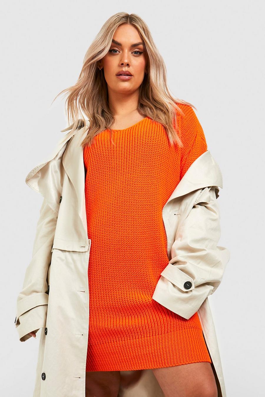 Orange Plus V Neck Knitted Sweater Dress image number 1