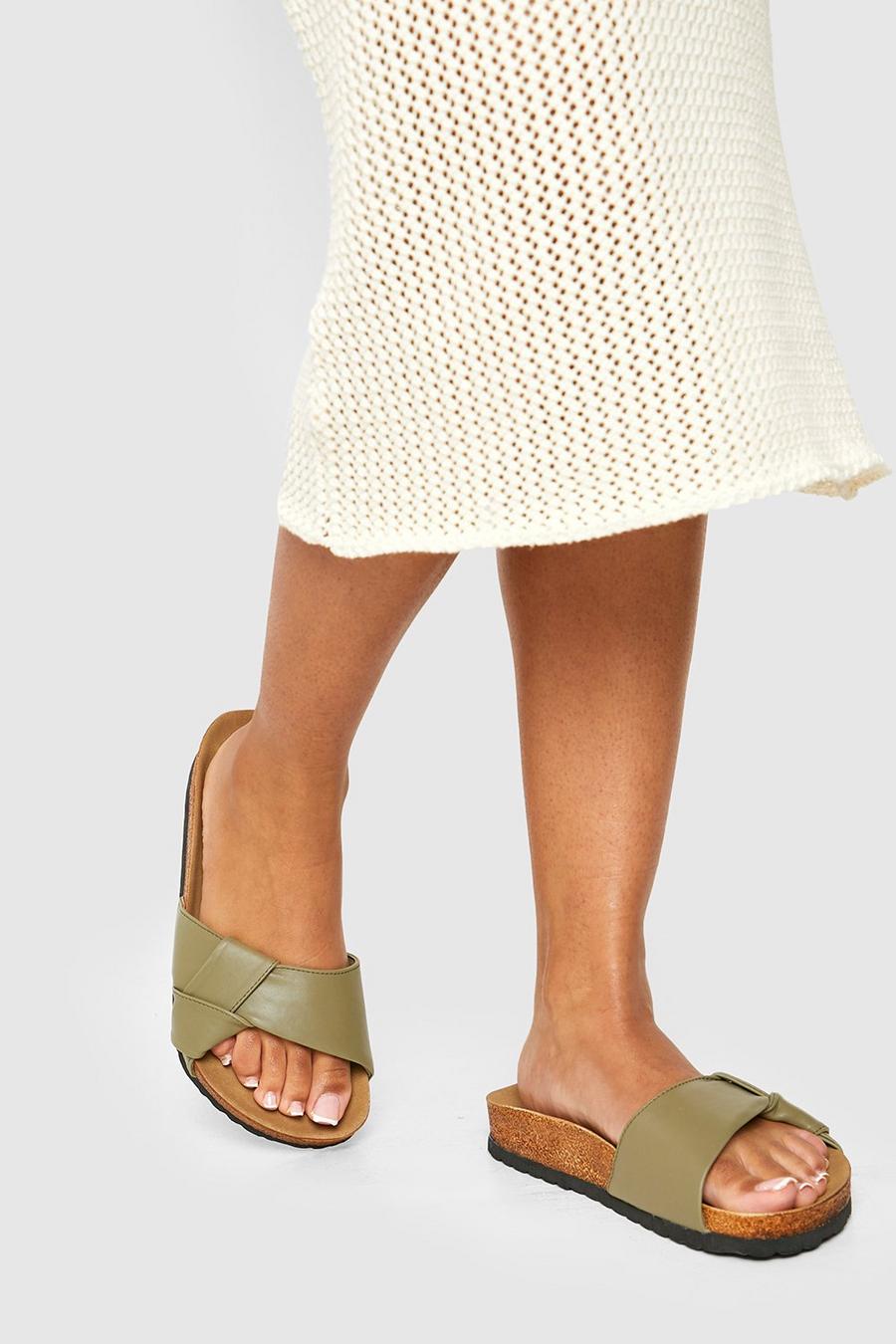 Washed khaki caqui Wide Fit Knot Front Slider