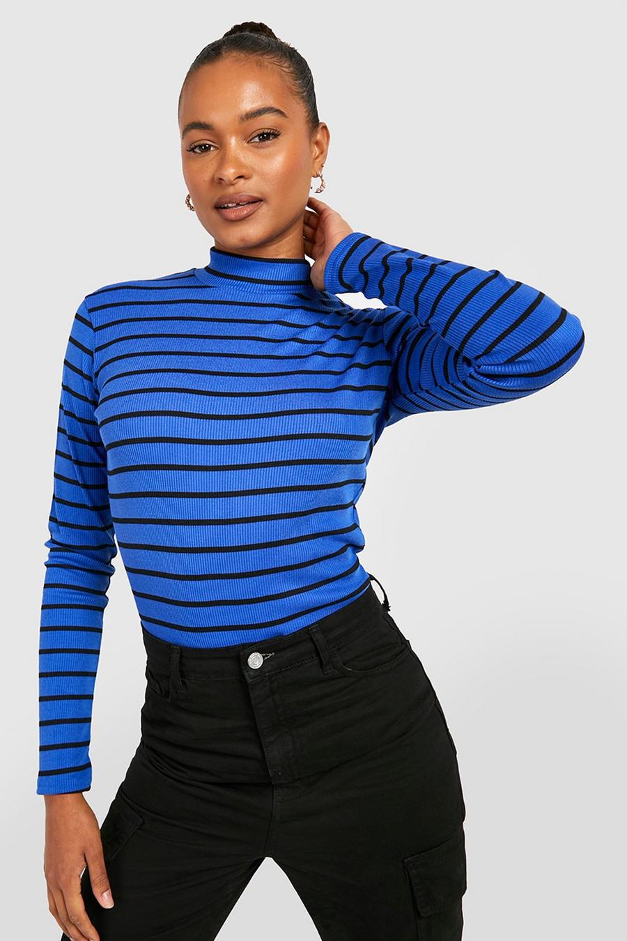 Navy Tall Stripe Knit Rib Longsleeve Funnel Neck Sweater image number 1