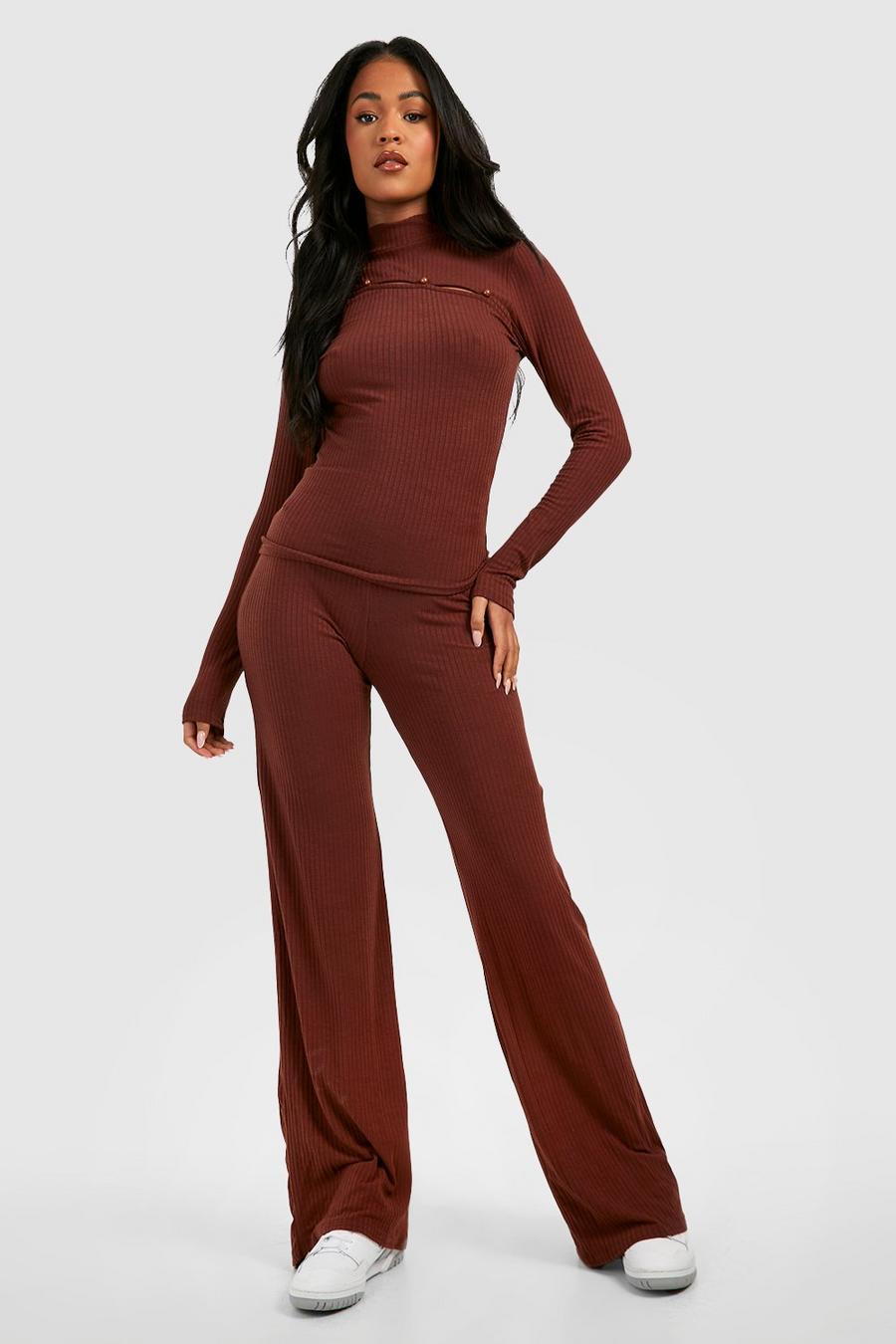Chocolate brown Tall Soft Rib Wide Leg High Waist Trousers image number 1