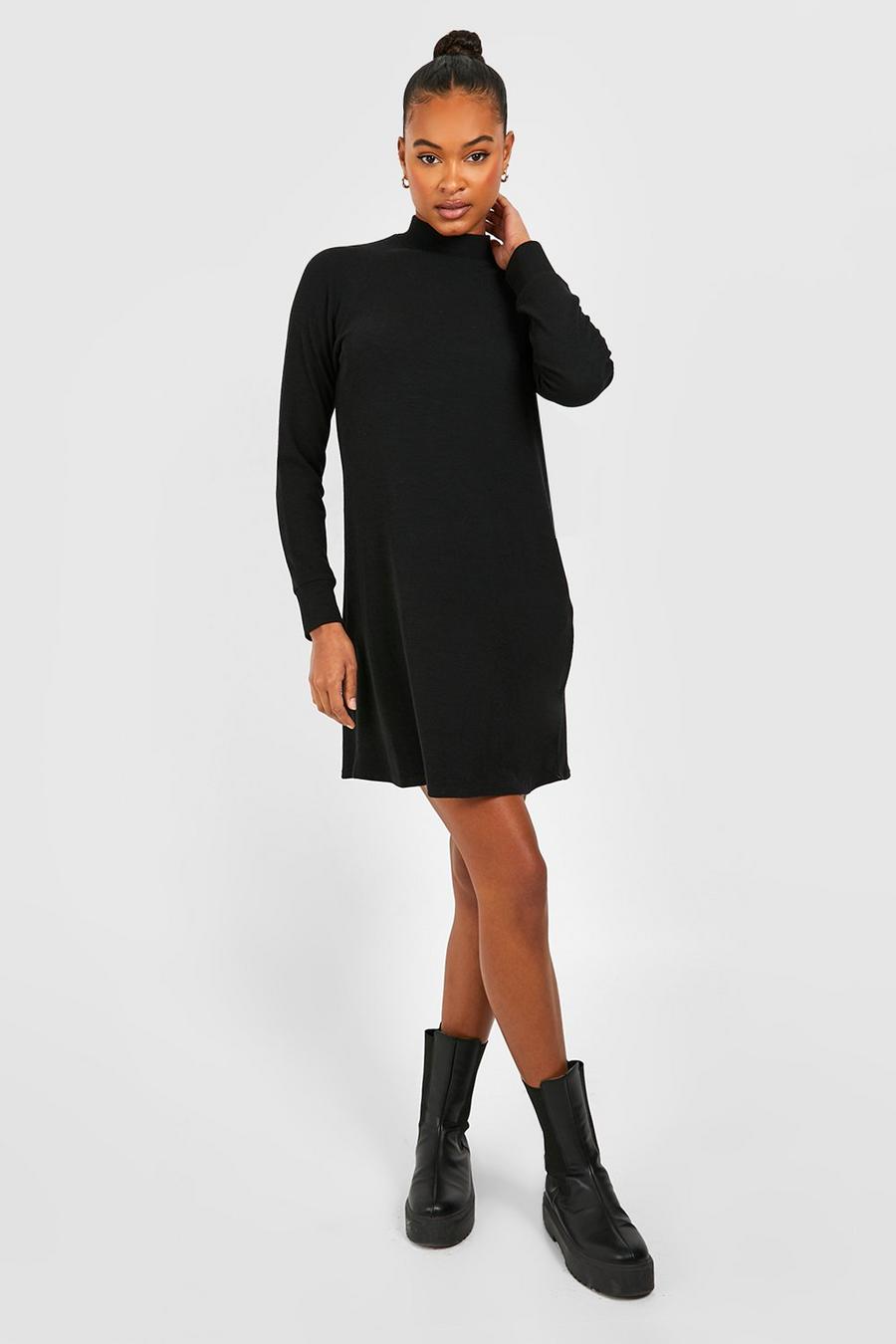 Tall strukturiertes geripptes Kleid mit Trichterkragen und langen Ärmeln, Black image number 1