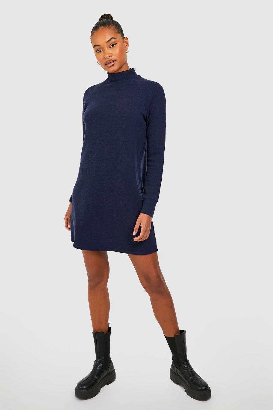 Navy Tall Textured Rib Longsleeve Funnel Neck Shift Dress image number 1