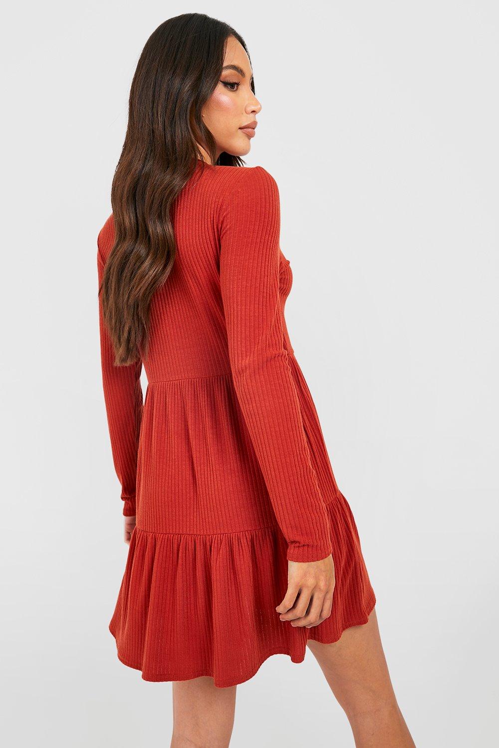 Tall Soft Rib Longsleeve Tiered Mini Smock Dress | boohoo USA