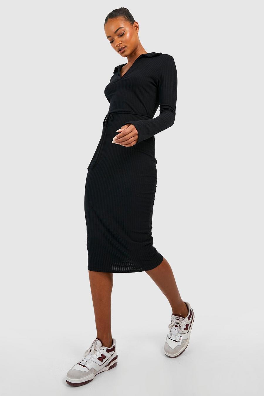 Black Tall Soft Rib Collar Self Belt Midi Dress image number 1