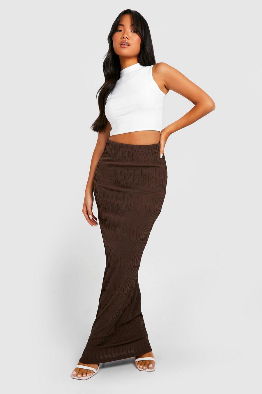 Chocolate brown Petite Textured Ripple Maxi Skirt  image number 1