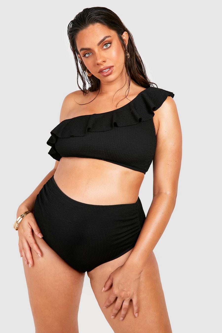 Black Maternity Crinkle One Shoulder Frill High Waisted Bikini image number 1