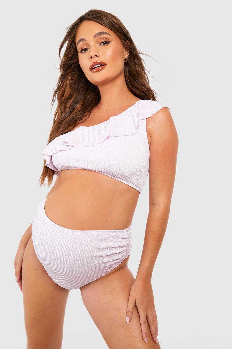 Lilac Maternity Crinkle One Shoulder Frill High Waisted Bikini image number 1