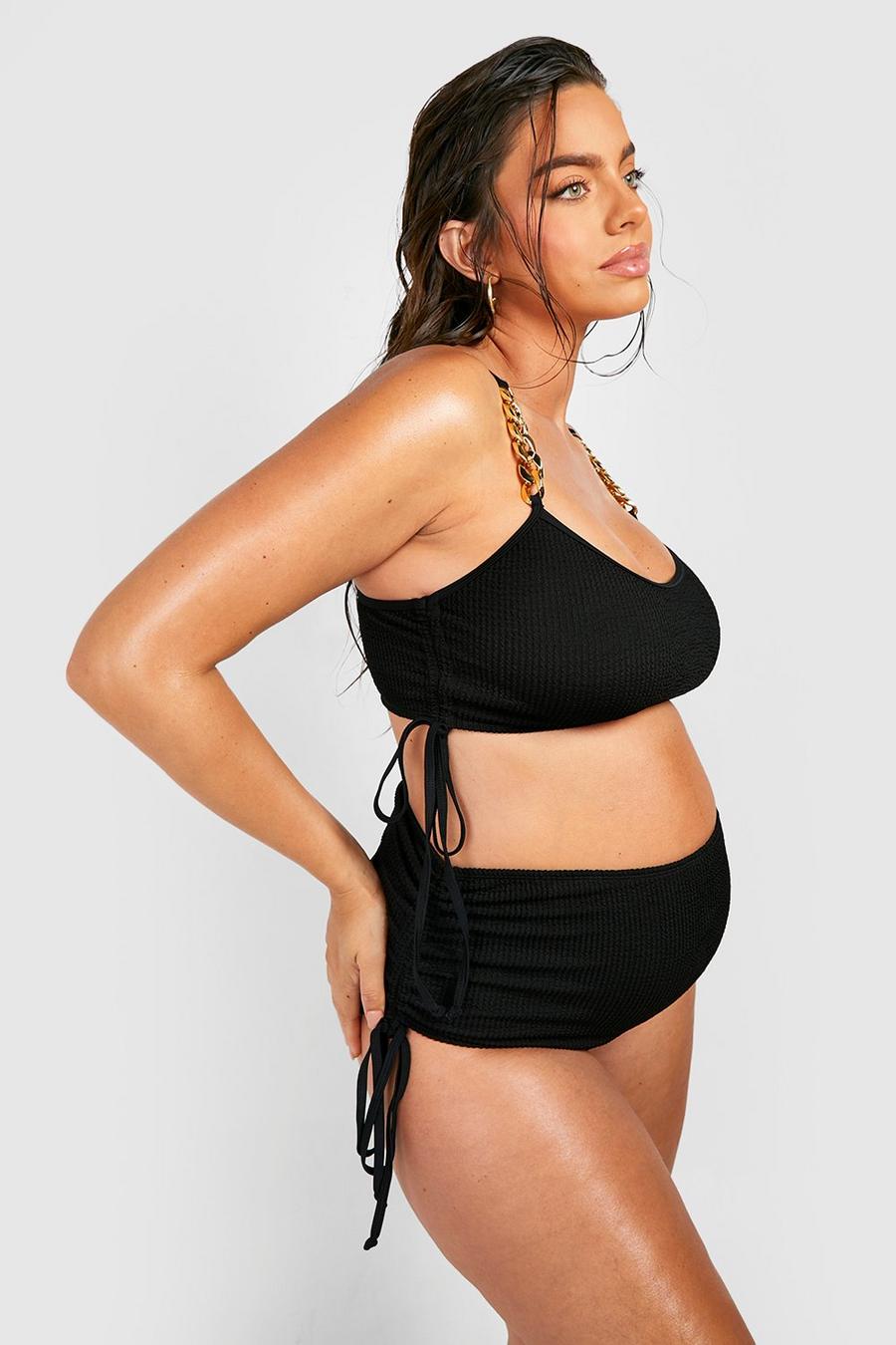 Black Maternity Crinkle Chain Strap High Waisted Bikini image number 1