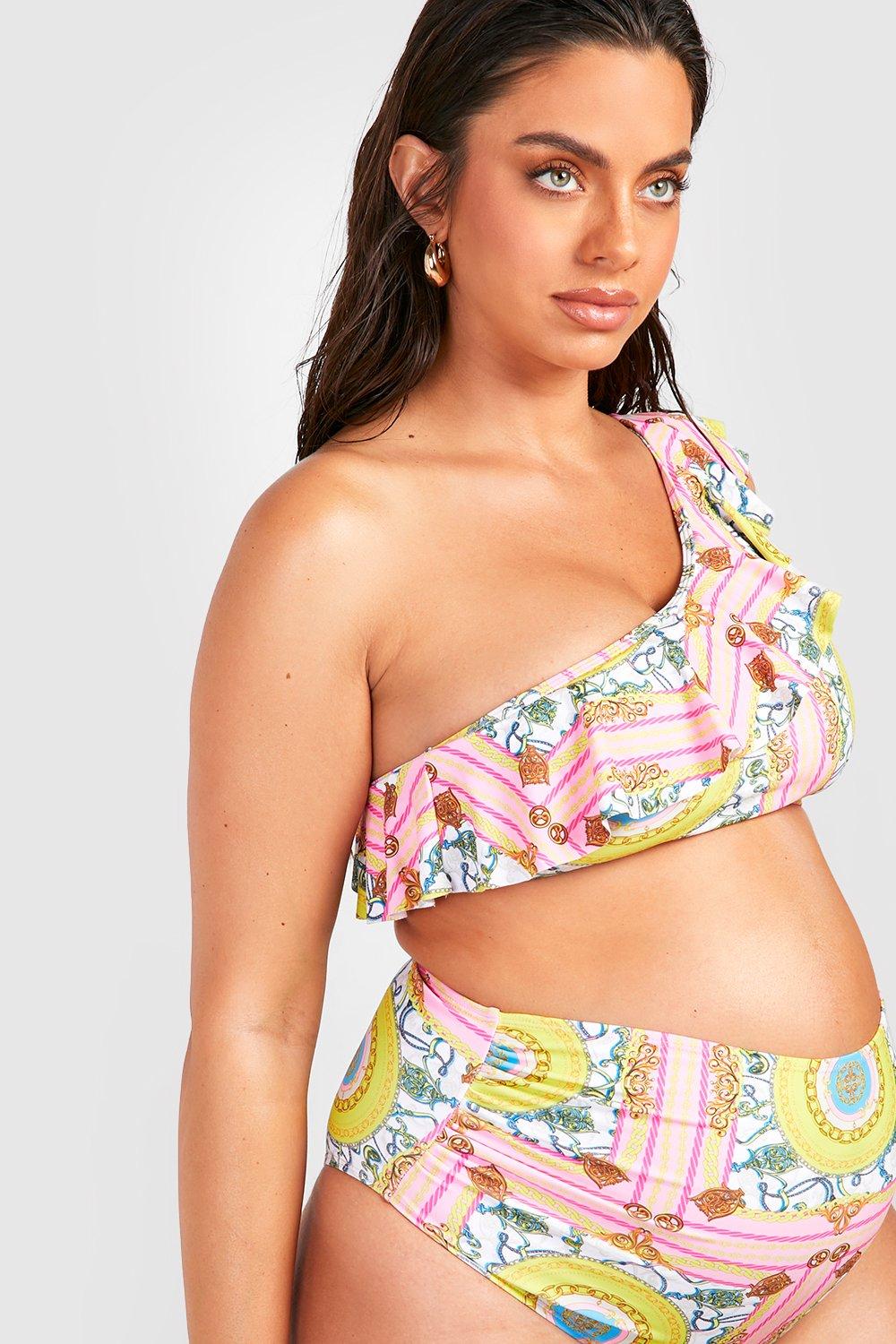 Maternity Crinkle One Shoulder Frill High Waisted Bikini